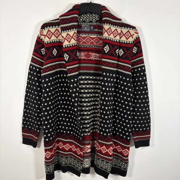 Vintage American Living Fair Isle Open Front Cardigan Sweater Medium Red Black - Picture 2 of 8